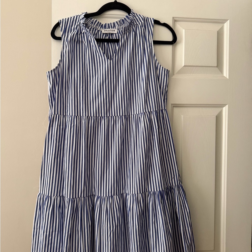 Sleeveless Blue & White Striped Tiered Mini Dress by Solution